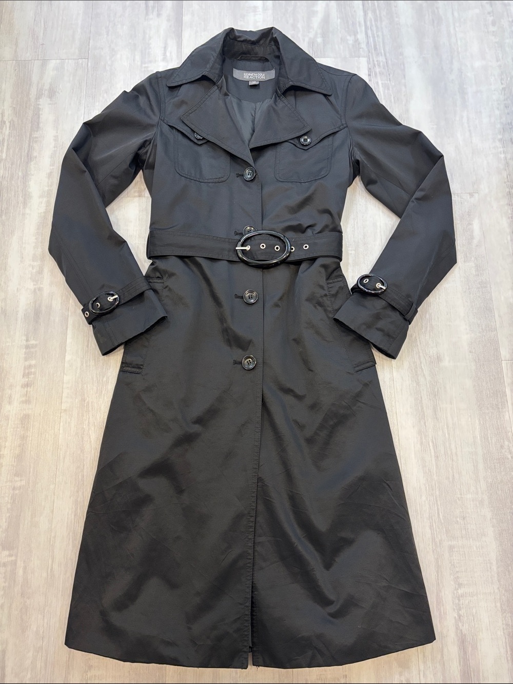 Kenneth Cole Reaction Black Long Trench Coat with Belt & Pockets XSmall